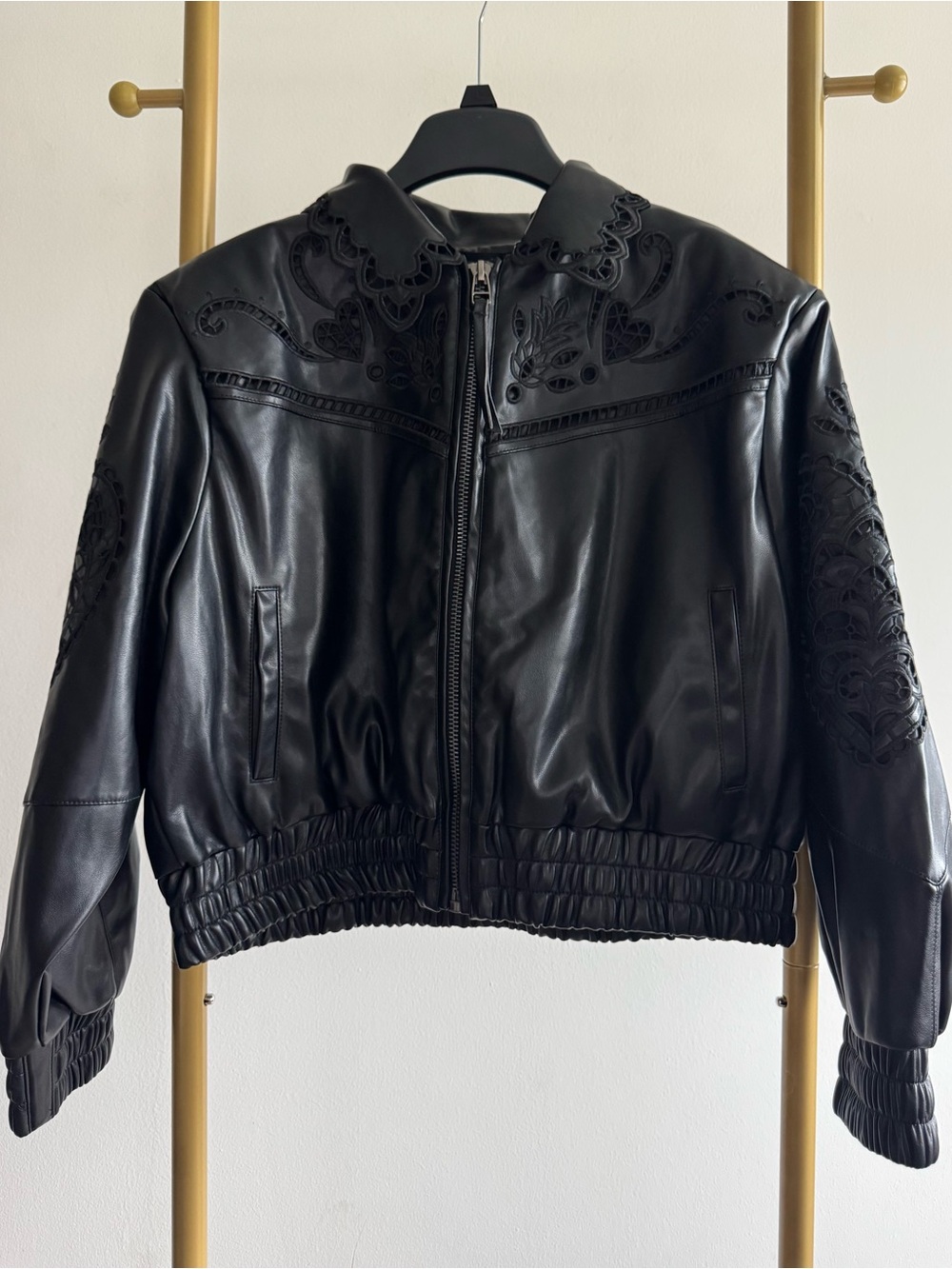 Revolve House of Harlow 1960 Black Embroidered Faux Leather Bomber